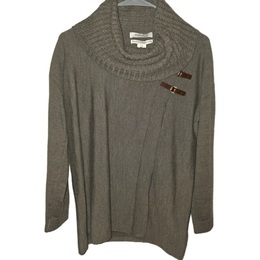 100% Merino Wool Sweater Ellen Tracy Sz S Cowl Neck Brown Lagenlook Classic